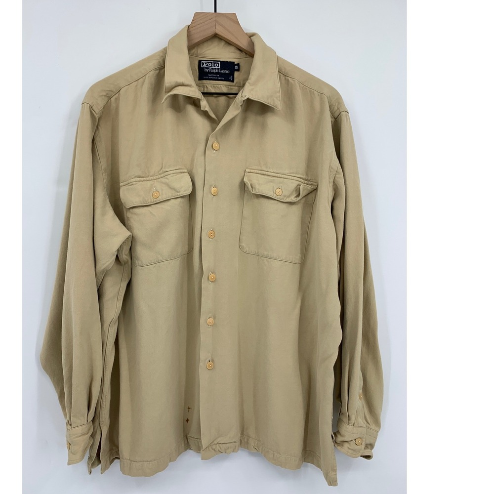 Vintage Polo Ralph Lauren Shirt Mens XL Tan Rayon Camp Safari Workwear Made USA
